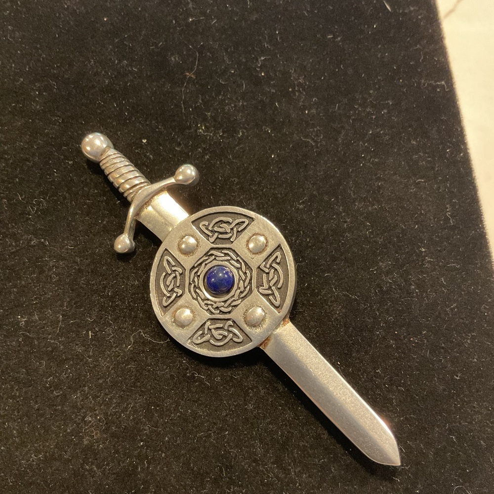 St Justin Silver Sword & Shield Brooch w/ Blue blue lapis stone